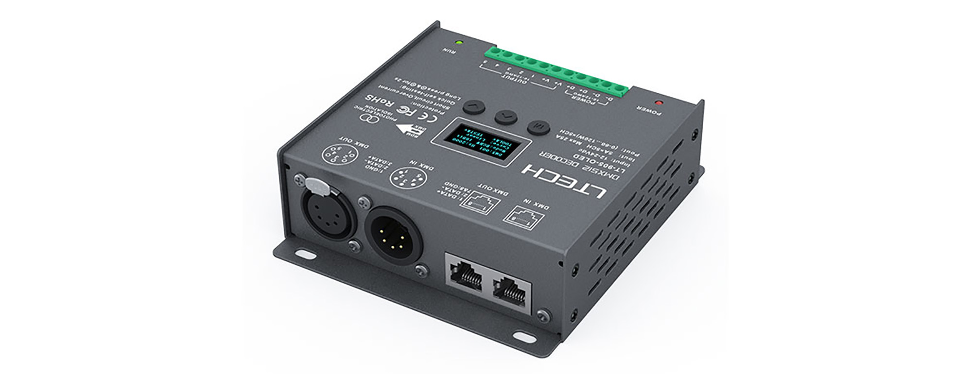 905-OLED  5Ch 5A CV DMX Decoder, 600W Max.Power, XLR-5 & RJ45 Port, Self testing, DMX512/RDM I/P signal, IP20.